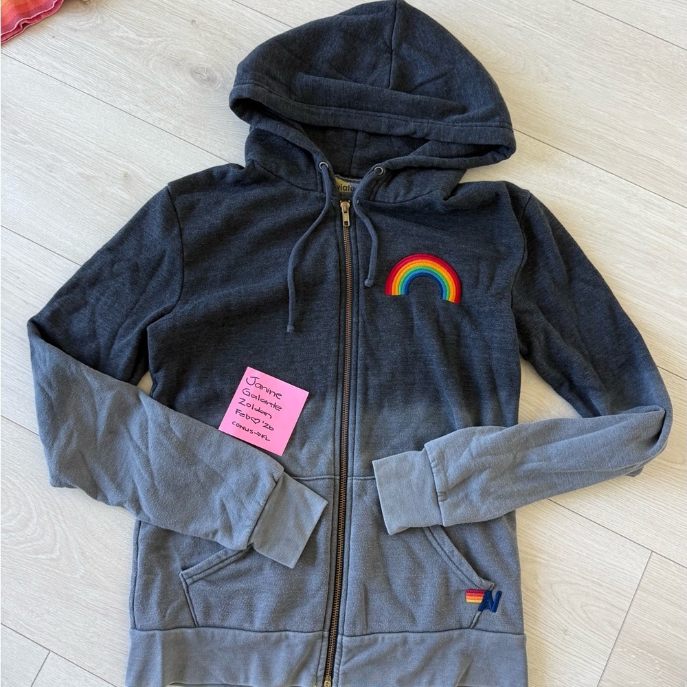 Aviator Nation Ombré Gray Hoodie with Rainbow Embroidery Size XS EUC